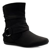 Olivia K Womens Low Heel Slouch Suede Slip On Casual Ankle Boots with Ring Buckle and Side Zipper Black Size: 6 UK