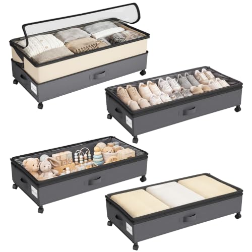 Image of Kitstorack 4 Pack Height-adjustable Under Bed Storage with Wheels, Under Bed Storage Containers,Under Bed Shoe Storage Organizer with Clear Window&Label, Suitable for Clothes Storage, Beige & Gray
