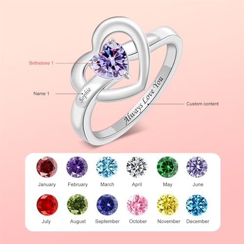 LucySky Sterling Silver Mothers Rings with 1-8 Birthstones, Heart Engagement Ring, Birthstone Ring for Her Family Jewelry Promise Ring, Size 5-124