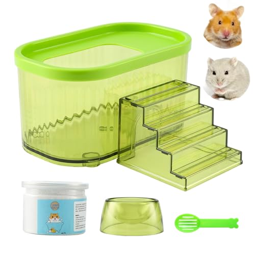 TUTU&LELE 5pcs Hamster Living Set Sand Bath Container & Ladder & Cleaning Scoop & Bath Sand & Bowl for Hamsters Mice Gerbils or Other Small Pets Cage Accessories (Green)