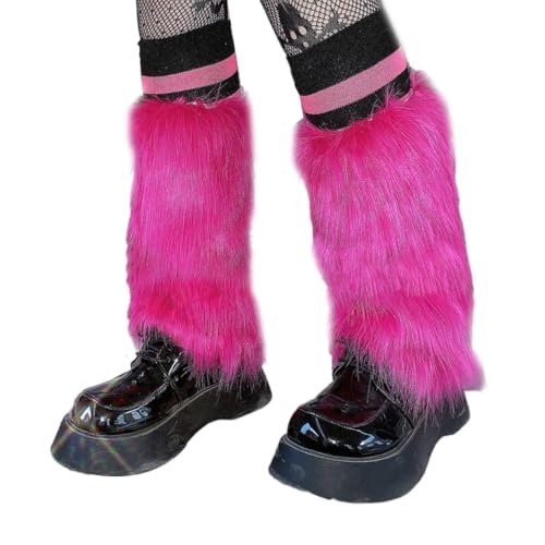 Women Girls Bright Rose Red Furry Leg Warmer Winter Fashion Faux Plush Boot Cuffs Long Socks