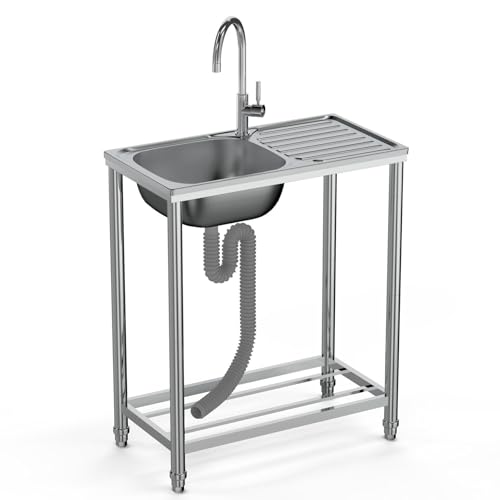 Évier de cuisine autoportant en acier inoxydable avec grand établi et mitigeur chaud-froid