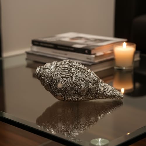 Image of Silver Plated Virat Roop Vishnu Shankh - 8.5 Inches Antique Finish Decorative Conch Shell with Detailed Religious Engravings - Vastu Pooja Item for Home Mandir - Symbol of Wealth and Luck