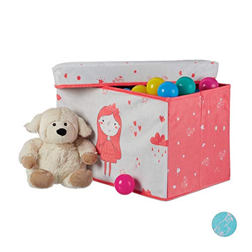 relaxdays Baúl Juguetes Princesa, Plegable con Tapa, Puff Almacenaje Infantil 33 l, 31x48,5x31 cm, Poliéster-DM, Rosa, Tablero de Fibras