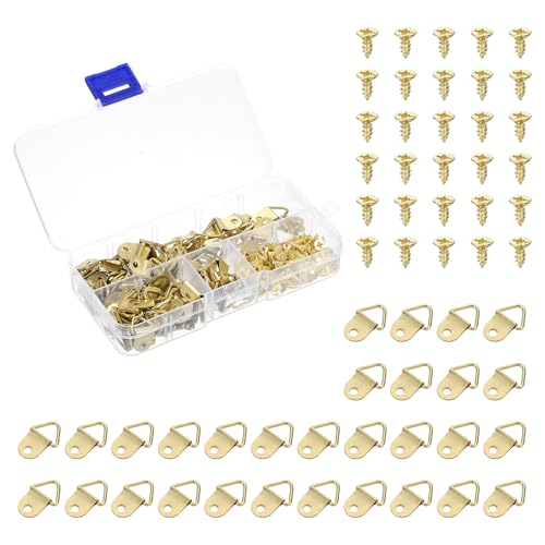 Image of uxcell 100Pcs Picture Hangers, Triangle Ring Picture Frame Hook, Frame Backing Fasteners with 100 Pcs Screws for Hanging Clock Paintings Pictures, Gold