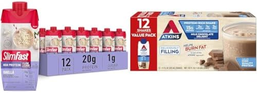 SlimFast Protein Shake, Vanilla- 20g Protein, Meal Replacement Shake Ready to Drink & Atkins Milk Chocolate Delight Protein Shake, 15g Protein, Low Glycemic, 2g Net Carb, 1g Sugar