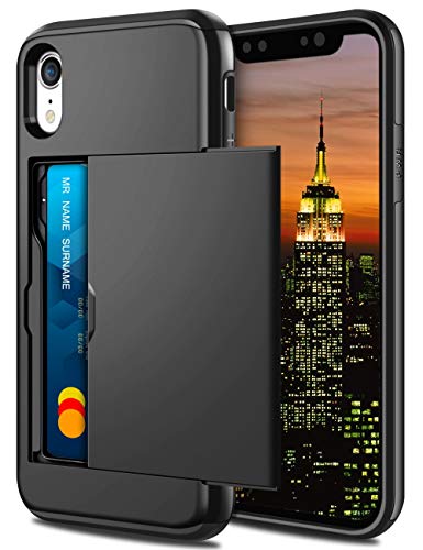 Coolden for iPhone XR Phone Cases with Card Holder Wallet Cover Armor Shockproof Heavy Duty Hard Back Soft Rubber Bumper Protective Card Slot Wallet Phone Case for iPhone XR Case 6.1 inch (Black)