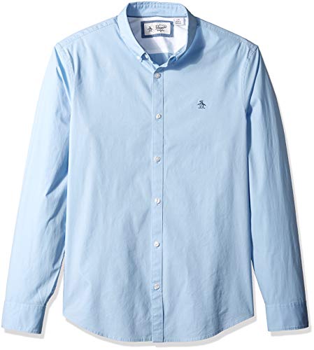 Original Penguin Men's Long Sleeve Core Poplin Button Down Shirt with Stretch, Powder Blue, M
