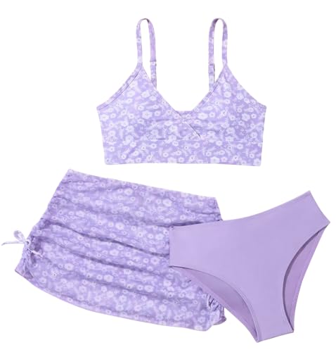 Bikini de 3 piezas con cuello en V y falda ligera transpirable para chicas de 9 a 16 años