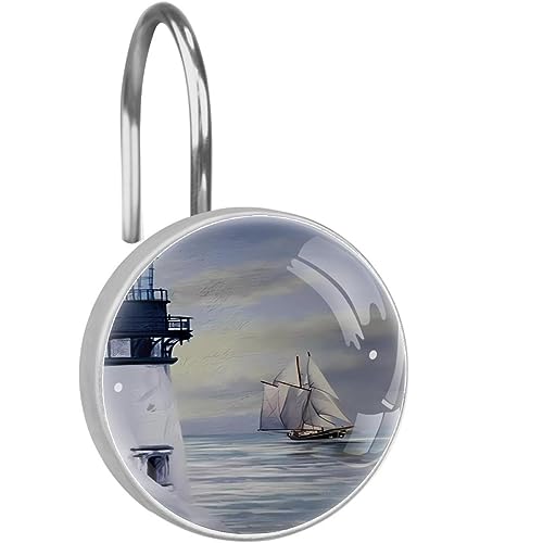 Nautical Lighthouse Decorative Shower Curtain Hooks Rings Set of 12 Hooks for Shower Curtain Rustproof Curtain Rings for Bathroom