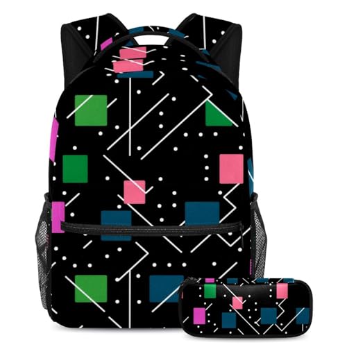 Cartable enfant lot de 2 avec sac à dos géométrique et trousse assortie pour fille et garçon