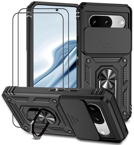 Dechyi Funda para Google Pixel 7 Carcasa Cubierta de Cámara Deslizante Vidrio Templado con Soporte de Anillo-Negro