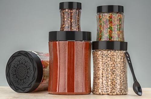 Image of Black Olive Storage Organizer Container Set - Transparent Jar Set for Kitchen with Lids & Spoons, 1200ml, 650ml, 350ml & 250ml Dabba Box for Spices, Snacks, Grocery & Dry Fruits (Black, 20pc)