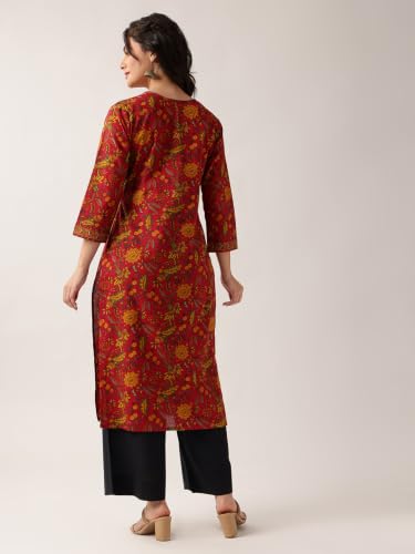 Image of Vbuyz Women Floral Print with Yoke Details Straight Cotton Stitched Kurta