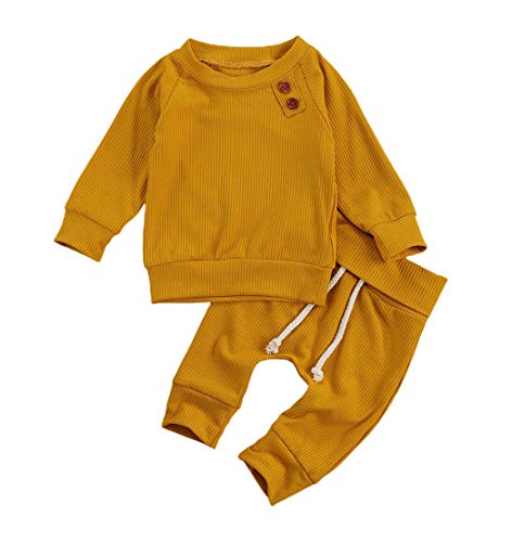 Image of One opening Toddler Baby Boy Girl Clothes Outfits Ribbed Long Sleeve Pullover Sweatshirts Pants Newborn Girl Outfit Set
