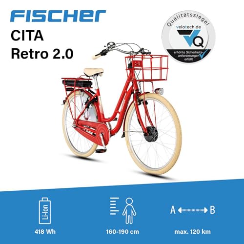 FISCHER E-Bike City CITA RETRO 2.0, Elektrofahrrad für Damen und Herren, RH 48 cm, Frontmotor 32 Nm, 36 V Akku