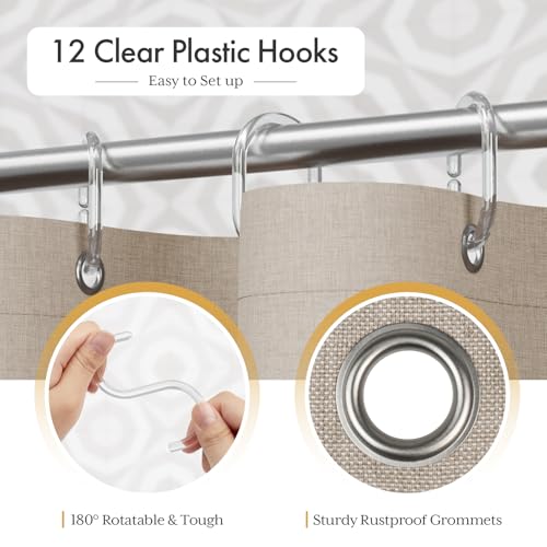 Image of AmazerBath Farmhouse Shower Curtains for Bathroom, Tan Shower Curtain with Tassels, Taupe Rustic Faux Linen Shower Curtain Set with 12 Hooks, 72x72 Inches