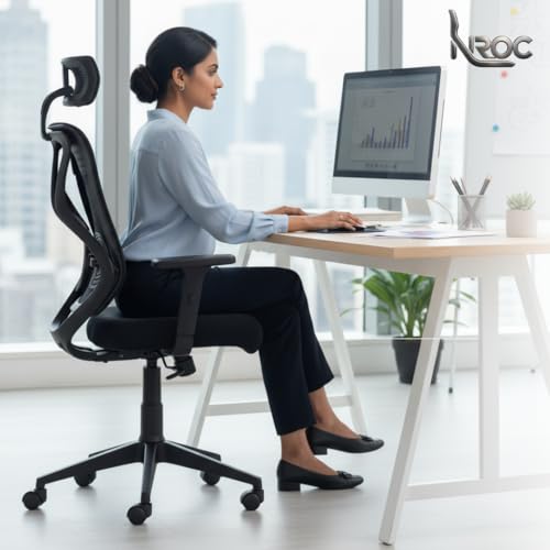 Image of NROC Metal Mesh Back Executive Office Chair - Ergonomic Design with Adjustable Height, Durable and Breathable Seating for Office Work | 64x 61x119 cm | (Black)