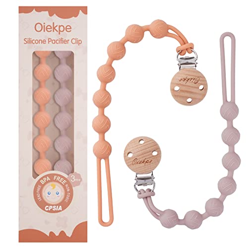 Image of Pacifier Clips for Baby Boys Girl - 100% Food Grade Silicone, One Piece Pacifier Clip Holder, Wooden Clips Design, Paci Clip Soothe Baby Binky Holder for Shower Birthday Gift (Muted+Dusty Lilac)