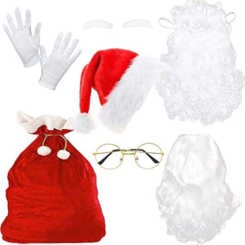 EMIN Weihnachtsmann Kostüm Set Santa Perücke Bart Handschuhe Weihnachtsmann Sack Brille Set Fancy Dress up Cover