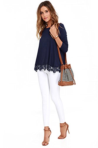 FISOUL Women's Tops Long Sleeve Lace Trim O-Neck A-Line Tunic Tops Large Navy Blue