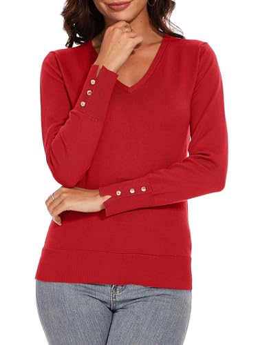 Image of Spicy Sandia Women's V Neck Pullover Sweaters with Dressy Cuffs | Long Sleeve Business Casual Knit Tops