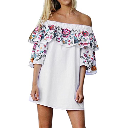 Tsmile Fashion Women Floral Dress Ladies Summer Beach Party Off Shoulder Mini Dress (X-Large, White)