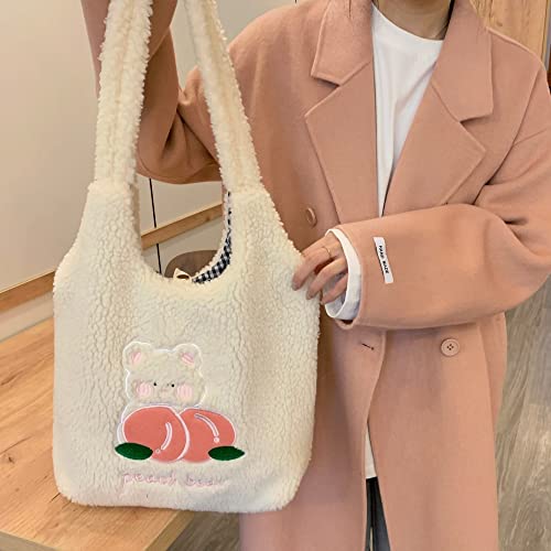 MEGAUK Women Faux Fur Tote Bag Girls Cute Bear Fluffy Shoulder Bag Plush Bag For Shopping Dating, White Lamb Velvet Peach Bear - Image 2