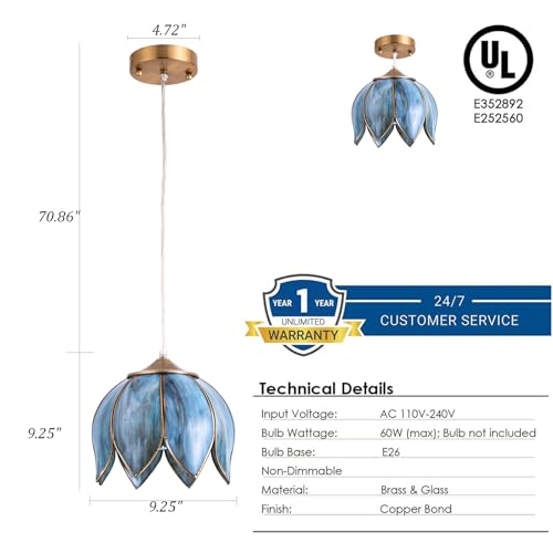 Image of Brass Glass Ceiling Tiffany Pendant Light, Hanging Chain lamp, with Vintage Lotus Flower Glass Shade for Kitchen Island Dining Room Bedroom Living Room-9.25 inch Stained Glass Shade