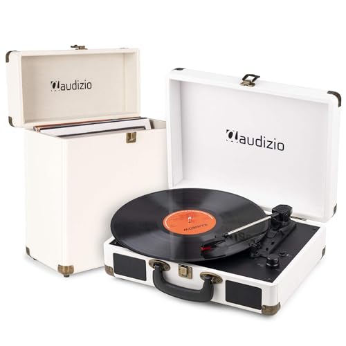 Audizio RP116CR Tocadiscos Retro Maleta Crema con Bluetooth in/out, Altavoces estéreo Integrados, 33/45/78 RPM, digitalización MP3, Incluye Estuche RC32 para 35 vinilos