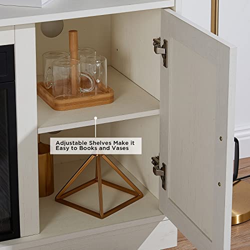 Amerlife Fireplace Tv Stand 54'' Farmhouse Barn Door Entertainment Center For Tvs Up To 60'' Mordern Media Console Table With 2 Open Shelves And Cabinets, Rustic Oak & White, 30'' H/With Fireplace #TOP6