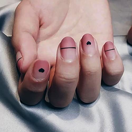 RikView Press on Nails Short Fake Nails Pink Acrylic Nails Oval Matte False Nails Full Cover Stick on Nails with Heart Design(Heart)
