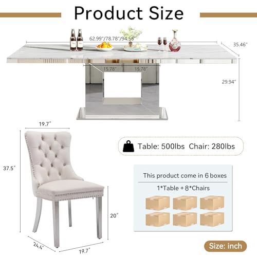 Image of 9-Piece Extendable Dining Table Set for 8, Modern 63 inch-94 inch White Marble Expandable Kitchen Table Set with 8 Velvet Chairs, Large Extendable Dining Room Tables with Mirrored U-Shape Base