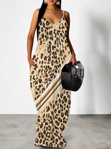 Image of Women's Summer Maxi Dress Spaghetti Strap Floral Boho Beach Long Sundress with Pockets
