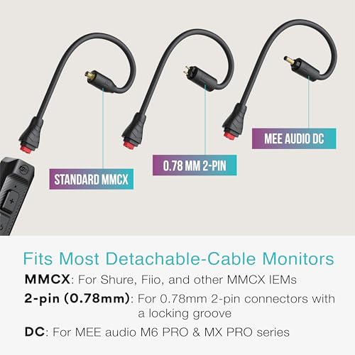 Image of MEE audio BT3 Bluetooth Wireless Adapter Cable for in-Ear Monitors - Includes MMCX, 2-pin (0.78mm) & DC connectors for Wide IEM Compatibility; Bluetooth 5.4, aptX HD, aptX Adaptive, LDAC, Auracast