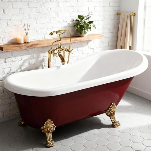 Whirlwell - WhirlWell 67x31.5 in. Dark Red Freestanding Clawfoot Bathtub with Golden Legs and Left/Right Drain, Vintage Acrylic Soaking Tub, Classic Red Bath