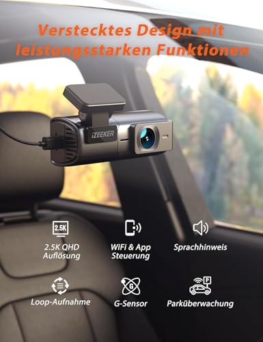 iZEEKER 2,5K Dashcam Auto, WiFi Dash Cam, Mini Auto Kamera, 1440P Dash-Cam Auto mit APP Steuerung, 24/7 Parküberwachung, WDR Nachtsicht, 170° Weitwinkel, G-Sensor, Loop-Aufnahme