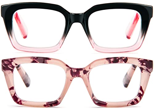 Image of REAVEE 2 Pack Oversized Reading Glasses for Women Men Blue Light Blocking, Ladies Stylish Retro Square Large Computer Readers (Black Pink /Pink Leopard 2.25x)