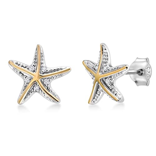Gem Stone King 925 Sterling Silver and 10K Yellow Gold White Lab Grown Diamond Starfish Stud Earrings For Women (E-F Color and VVS-VS Clarity, 12X12MM)