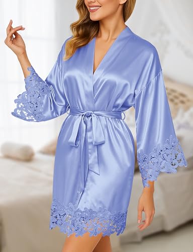 Image of EPLAZA Bride Robe for Wedding Day Set Bridal Robe Lace Trim Silky Embroidery Satin Kimono for Bridal Party