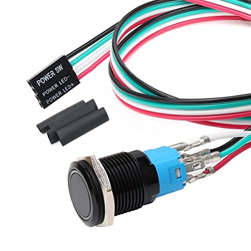 STARELO 16mm Computer Case DIY Boot Reset Button, Metal Momentary Switch, Blue LED Light, 16mm 5/8" Mounting Hole with Heat Shrinkable Tube
