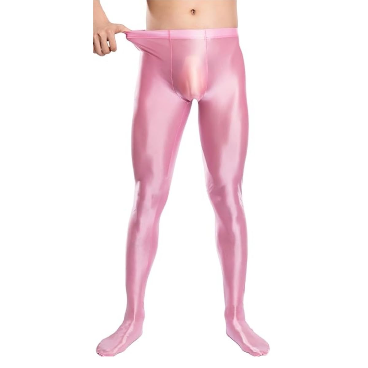 Hybursky Men's Pink Shiny Tights, High Waist Tummy Control Glossy Yoga Sports High Tight, Stretchy Foil Spandex Pantyhose For 80S Disco, Slim Fit Solid Hold Up Leggings For Dancewear Nightclub Rave Party Fitness