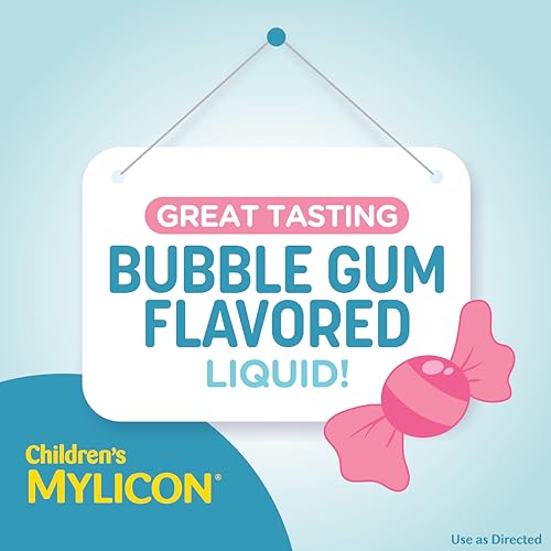 Image of Children's Mylicon All-in-One Tummy Relief Liquid For Indigestion for Kids, Bubble Gum Flavor, 4oz | Fast-acting liquid relieves gas, bloating, indigestion & heartburn for kids . Simethicone + calcium carbonate . 4 fl oz