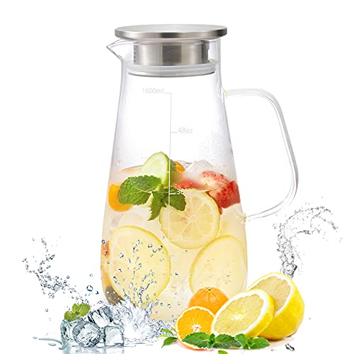 Glass Pitcher with Stainless Steel Lid, Spout and Scale Line for Ice Tea & Juice, 56oz 1600ml Water Jug with Handle for Lemonade, Milk, Cold or Hot Beverage Carafe, Homemade Drinks Water Pitcher