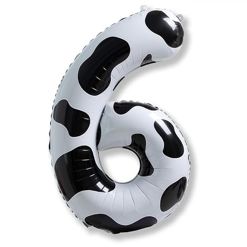 Image of Giant Number Balloons 6, Cow Print Number 6 Balloons for Boys, 40 Inch Foil Helium Number Balloon for Girls 6th Birtyday Party Decor Farm Animal Theme Cowboy Cowgirl Theme Party Decoration Supplies