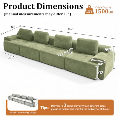 Image of 159 inch Oversized Boneless Couch, Comfort Cloud Sectional Couches for Living Room, Modular Sofa High Back & Extra Deep Seat, No Assembly, Soft Chenille Fabric (Olive Green, 159 inch-（4+0）)