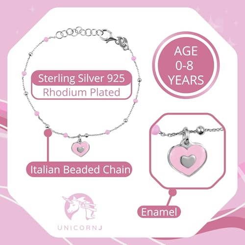 Image of UNICORNJ Sterling Silver Kids Bracelet for Girls Heart Butterfly Charm Enamel Hand Painted | Made in Italy | Bead Chain 6.25 inch