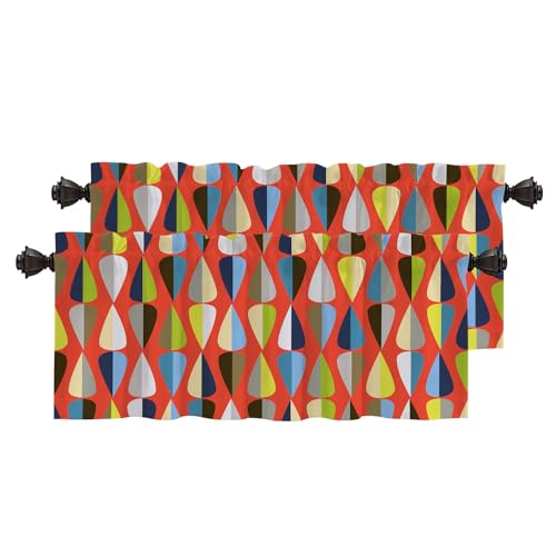 BaoNews Cenefas de cocina retro geométricas rojas para ventanas, cortinas opacas de colores modernos azules, cortinas de poliéster multicapa para cocina y dormitorio, paquete de 2 unidades de 52 x 18