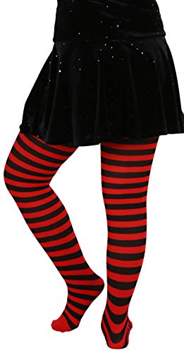 Tobeinstyle Girls' Horizontal Striped Full Length Tights - Black/Red - Medium #TOP6