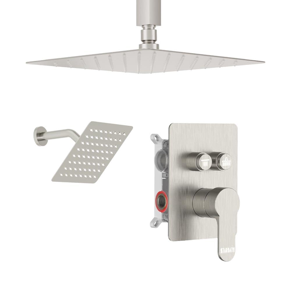 Shower Faucets Sets Shower System Brushed Nickel, STARBATH 12" Ceiling Mount Rain Showerhead and 8" Wall Mounted Rainfall Shower for Couples, On Off